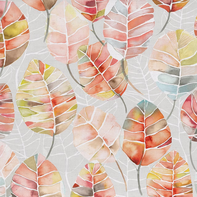Watercolour tropical leaf fabric in orange, coral, blush and yellow on a pale ground
