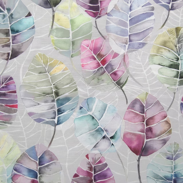 Painterly pink and lilac leaf fabric with aqua and sage accents on a pale ground