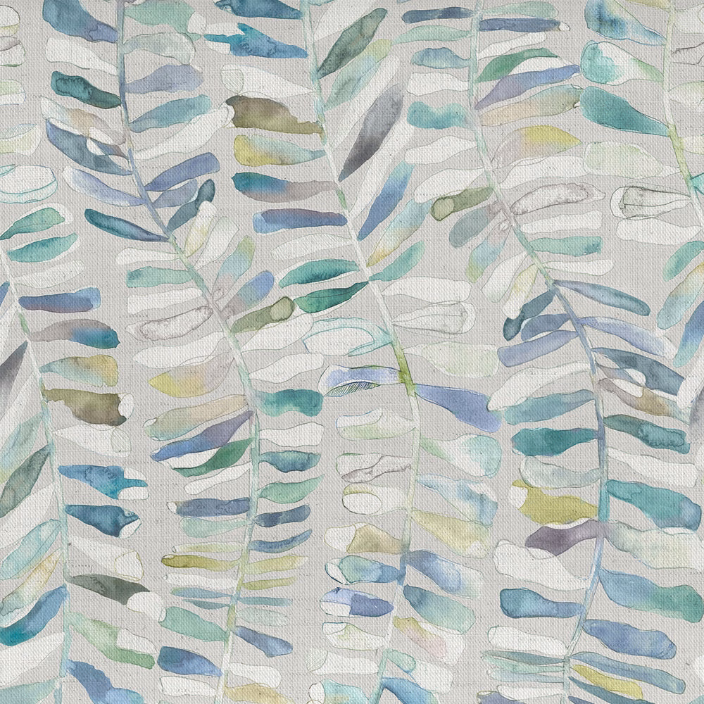 Pale botanical fabric with layered blue and green leaf fronds on an ivory ground