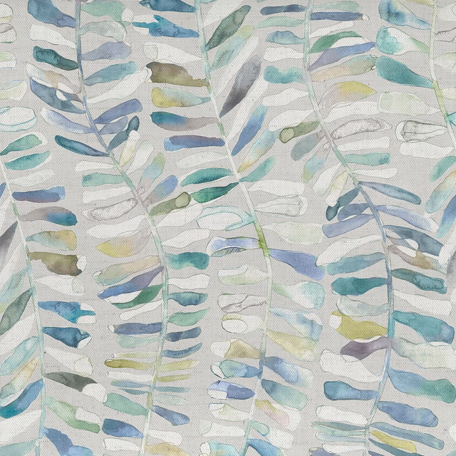 Pale botanical fabric with layered blue and green leaf fronds on an ivory ground