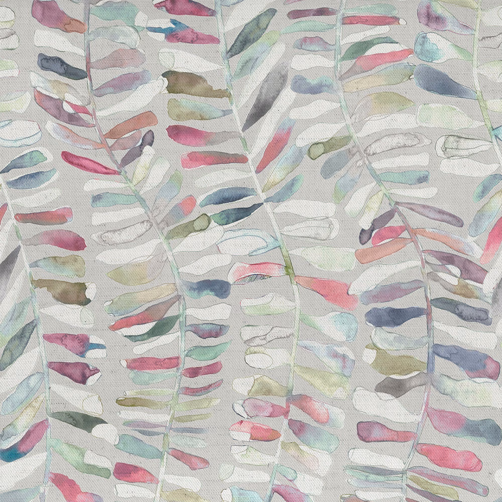 Painterly botanical fabric with pale pink, mint, mauve and sage leaf forms
