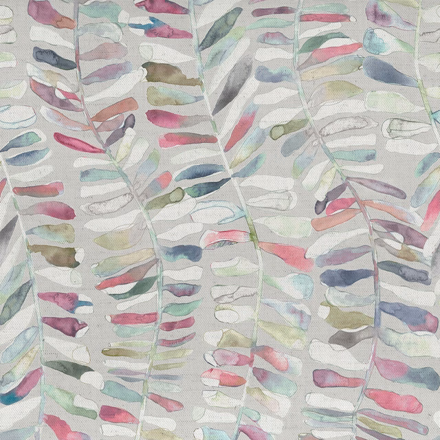 Painterly botanical fabric with pale pink, mint, mauve and sage leaf forms