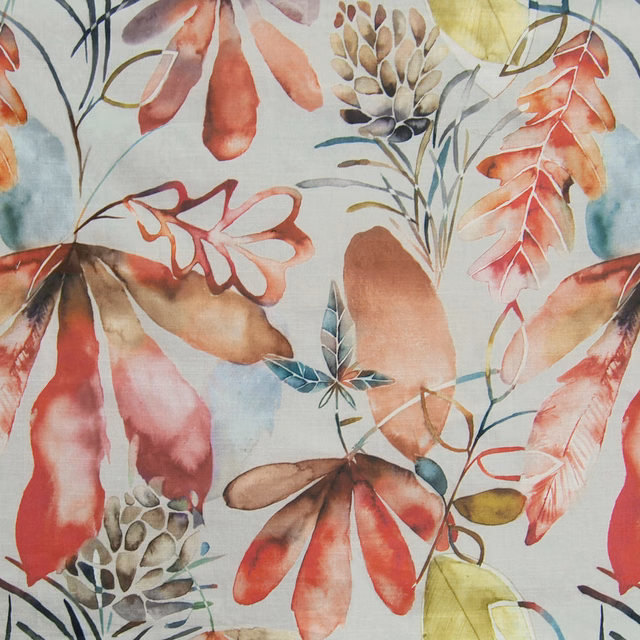 Large painterly floral fabric with burnt orange, coral and blush leaves on a pale ground