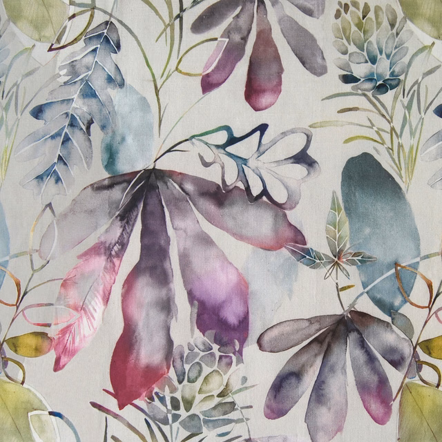 Painterly botanical fabric with large purple, plum and teal leaves on a pale ground