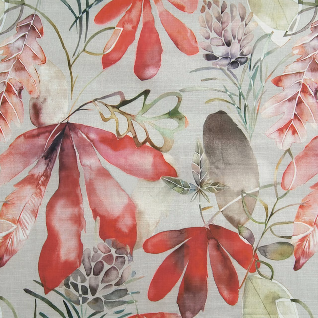 Painterly botanical fabric with berry red leaves and soft green stems on a pale ground
