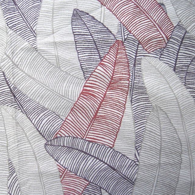 Large striped leaf motif fabric in dusty purple, berry and pale grey tones