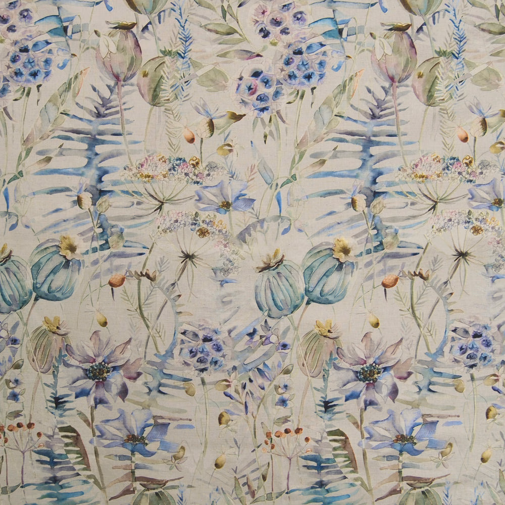 Painterly blue and lilac floral fabric on an ivory ground with loose watercolour foliage