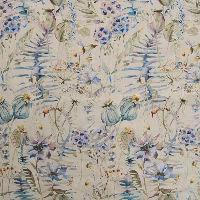 Painterly blue and lilac floral fabric on an ivory ground with loose watercolour foliage