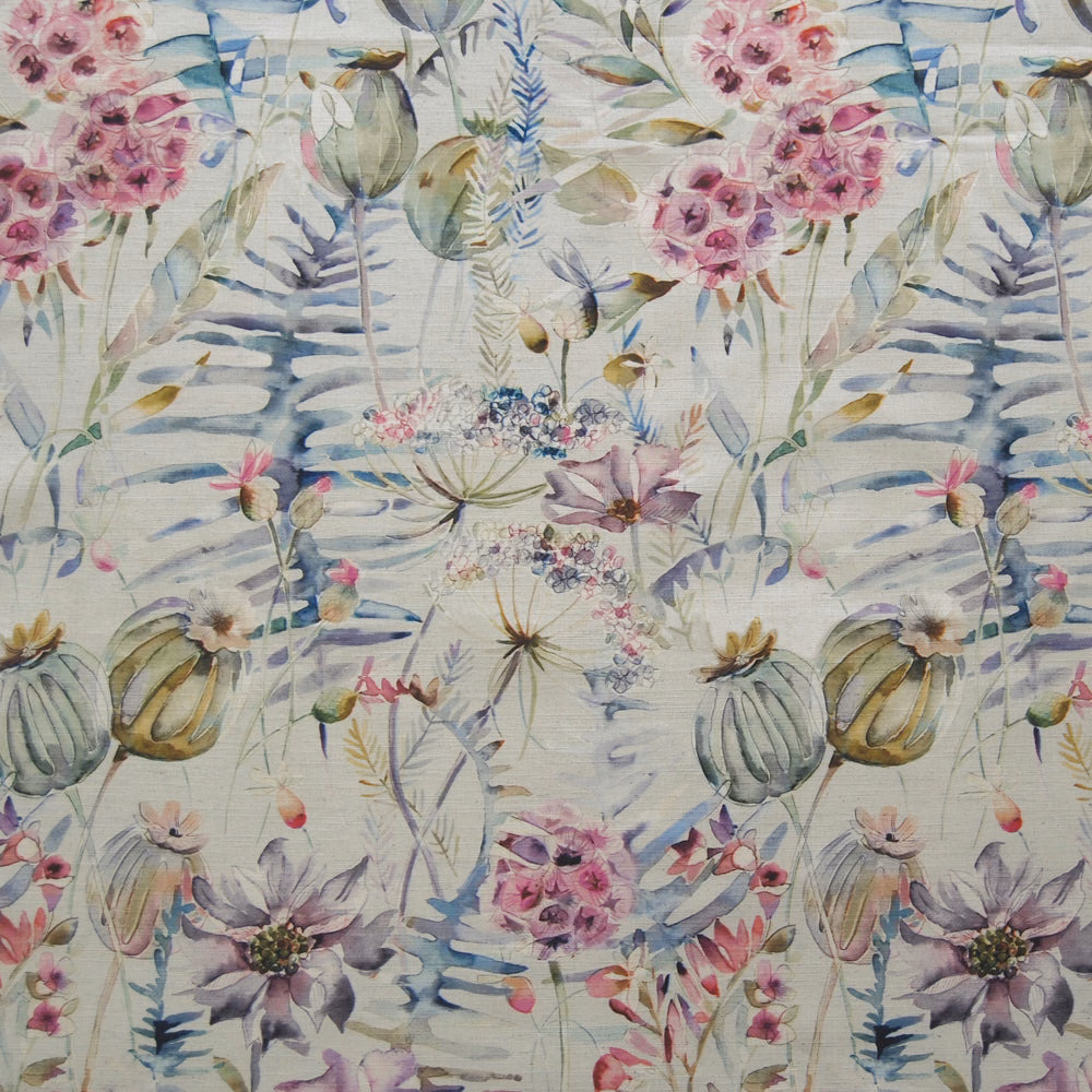 Pastel botanical fabric with pink flowers, blue foliage and green seed pods