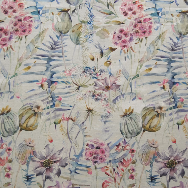 Pastel botanical fabric with pink flowers, blue foliage and green seed pods