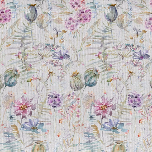 Painterly lilac and blush floral fabric with pale sage leaves on a light ground
