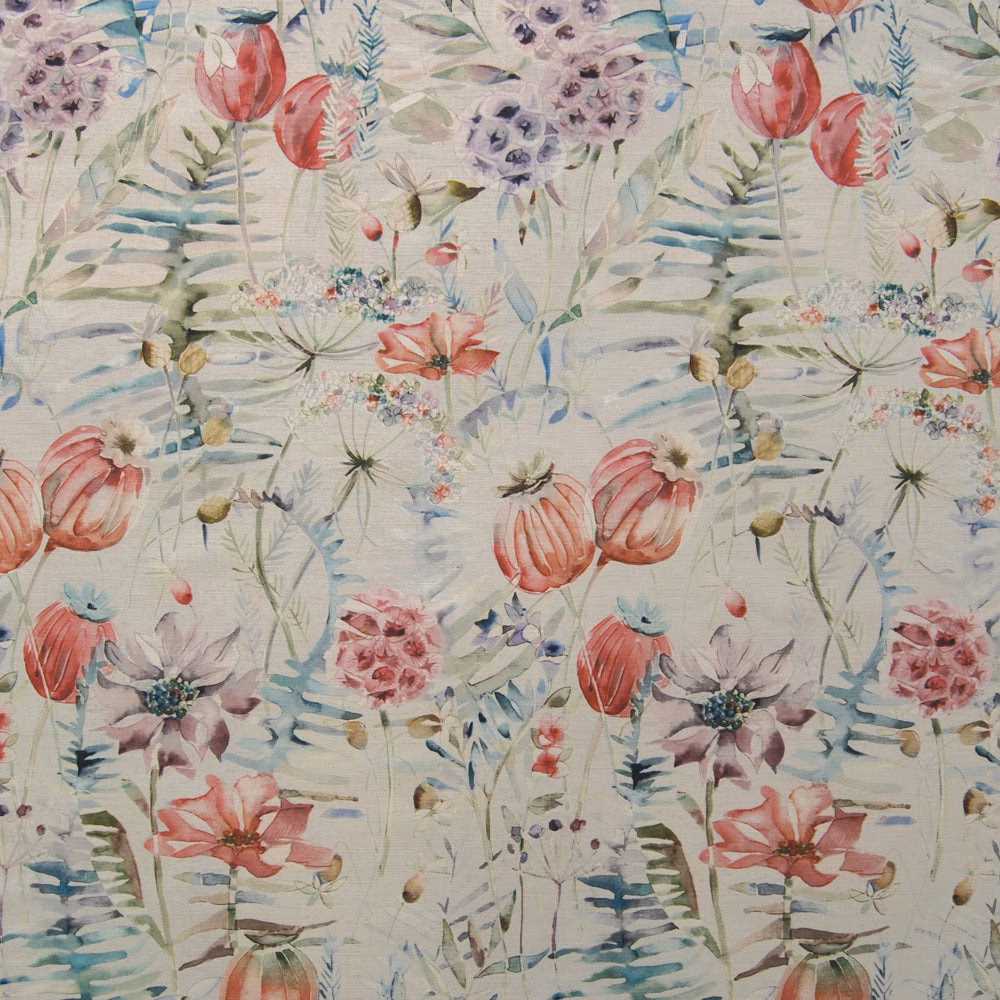 Painterly coral-red floral and leaf print on an ivory textured fabric ground
