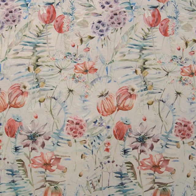 Painterly coral-red floral and leaf print on an ivory textured fabric ground