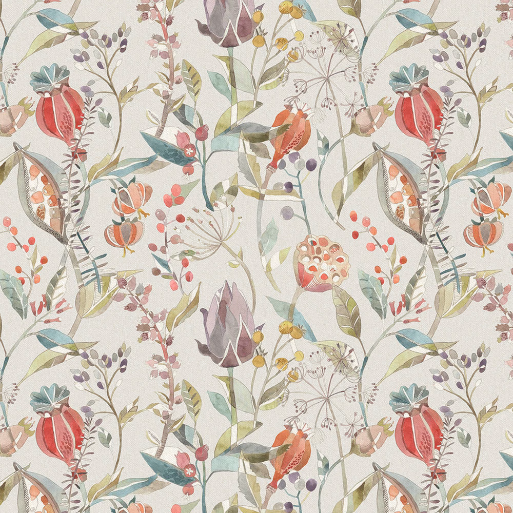 Painterly botanical fabric with coral orange seed pods and soft teal foliage on a pale ground
