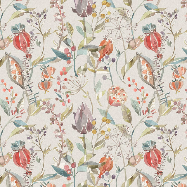 Painterly botanical fabric with coral orange seed pods and soft teal foliage on a pale ground