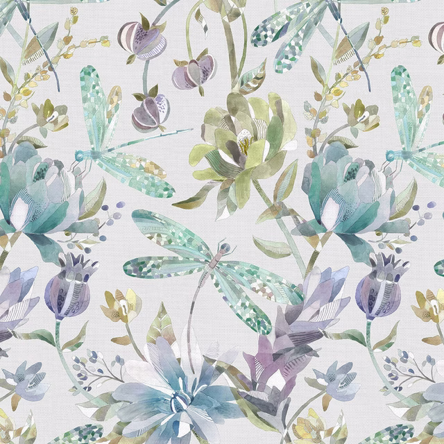 Pale blue-green botanical fabric with dragonflies, flowers and a linen texture