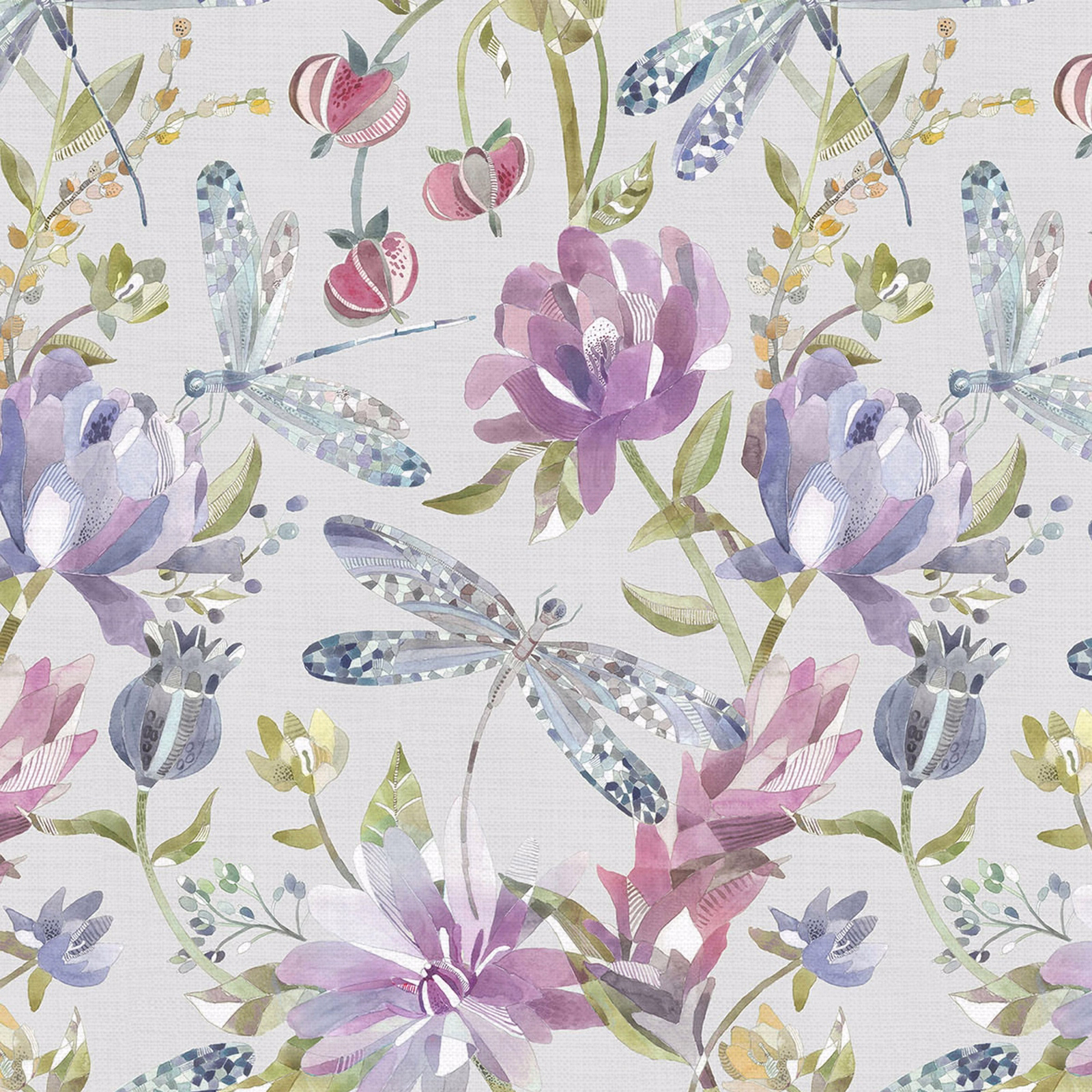 Painterly purple flowers and blue dragonflies on a pale ground fabric swatch