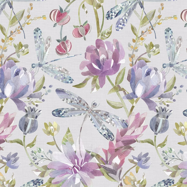 Painterly purple flowers and blue dragonflies on a pale ground fabric swatch