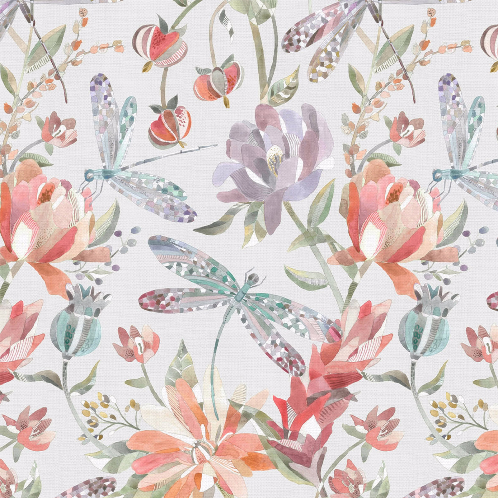 Painterly coral red floral fabric with dragonflies on a pale ground