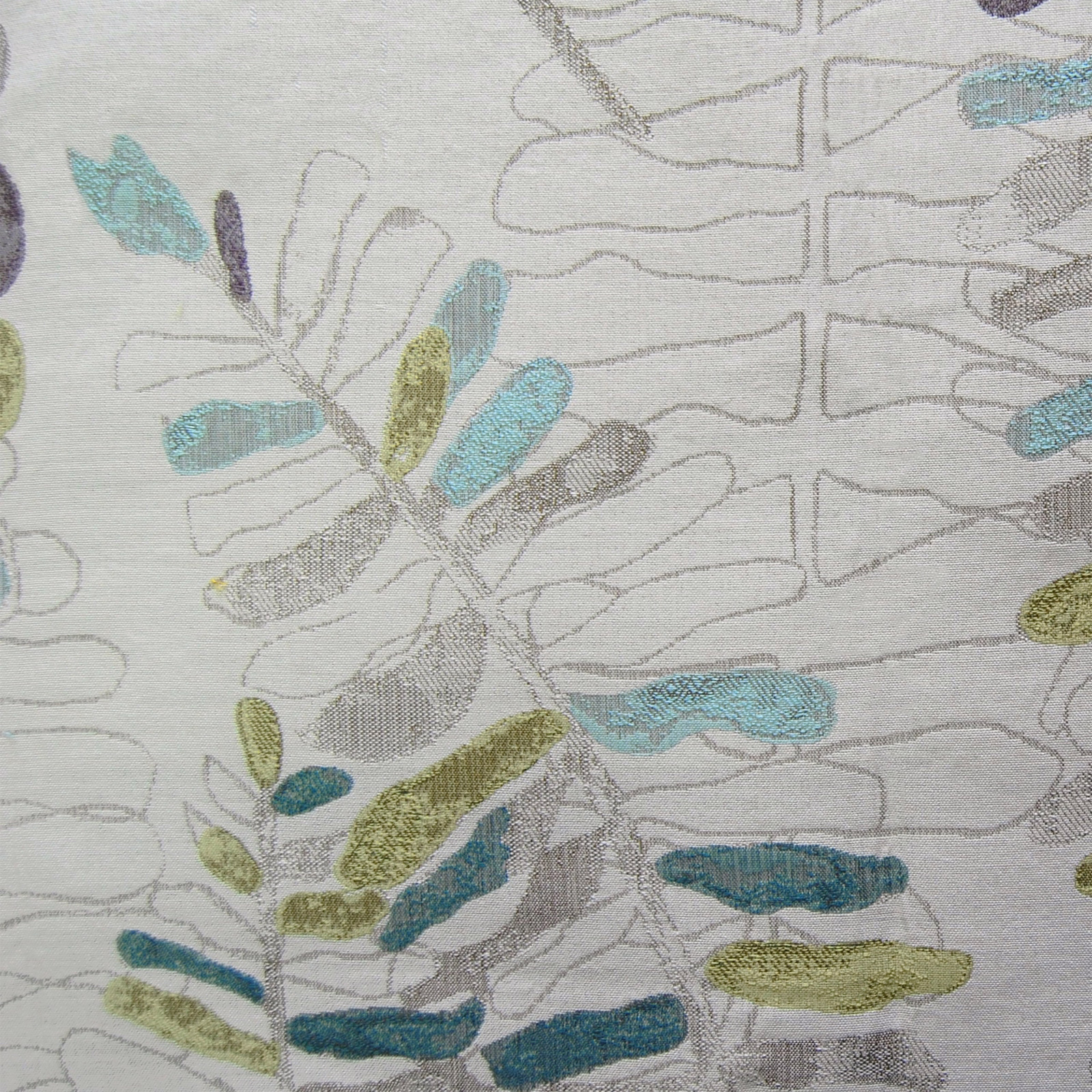Pale botanical fabric with aqua, teal and olive leaf motifs on a light ground