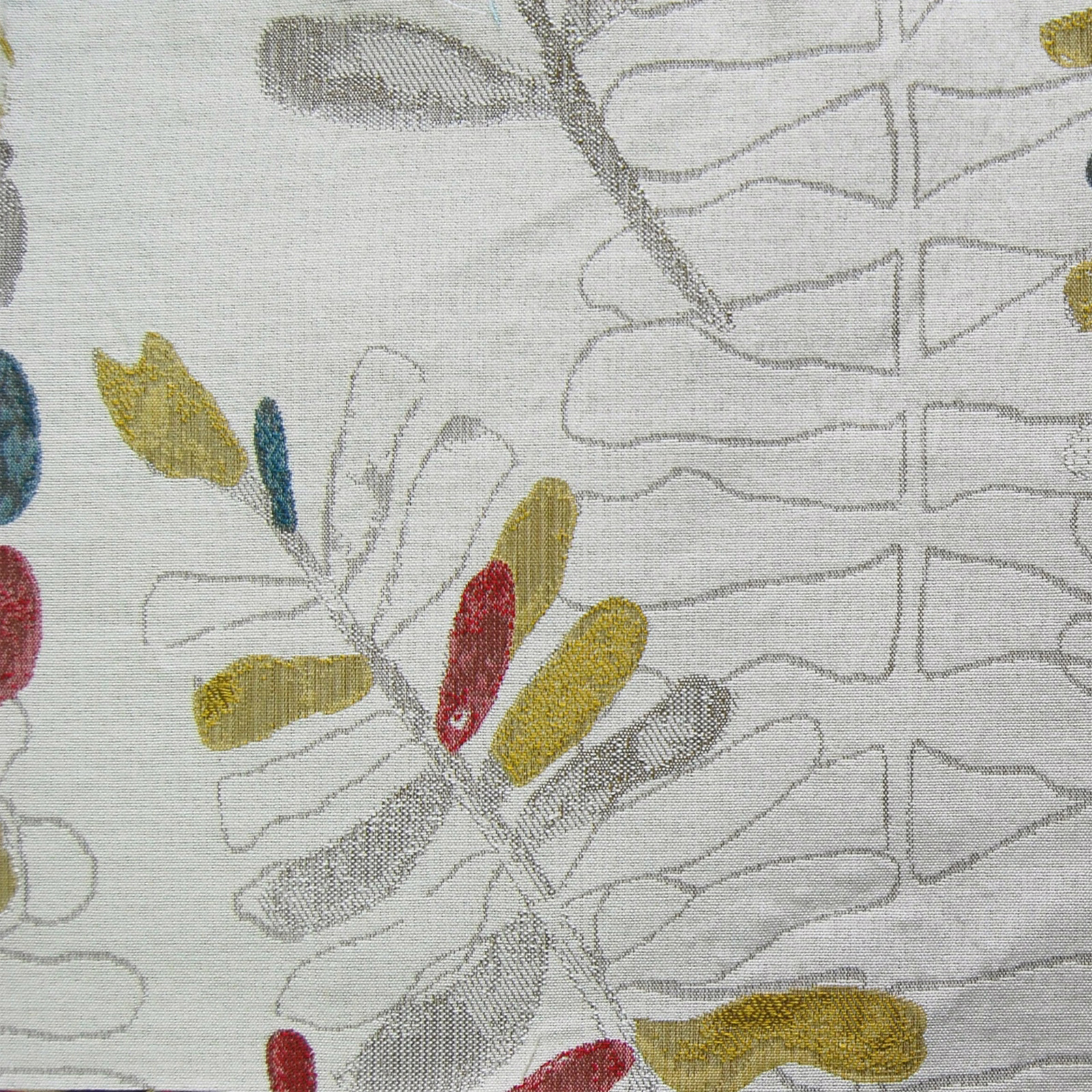 Ivory botanical fabric with sketched leaves in grey, ochre, red and teal