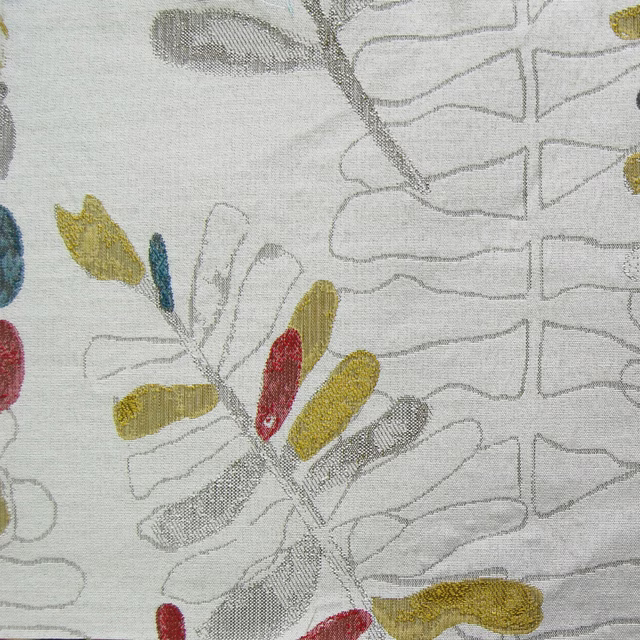 Ivory botanical fabric with sketched leaves in grey, ochre, red and teal