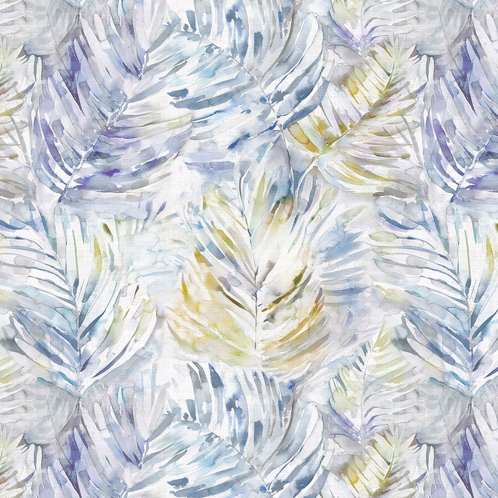 Painterly blue and lilac leaf print on a pale ground with soft green accents