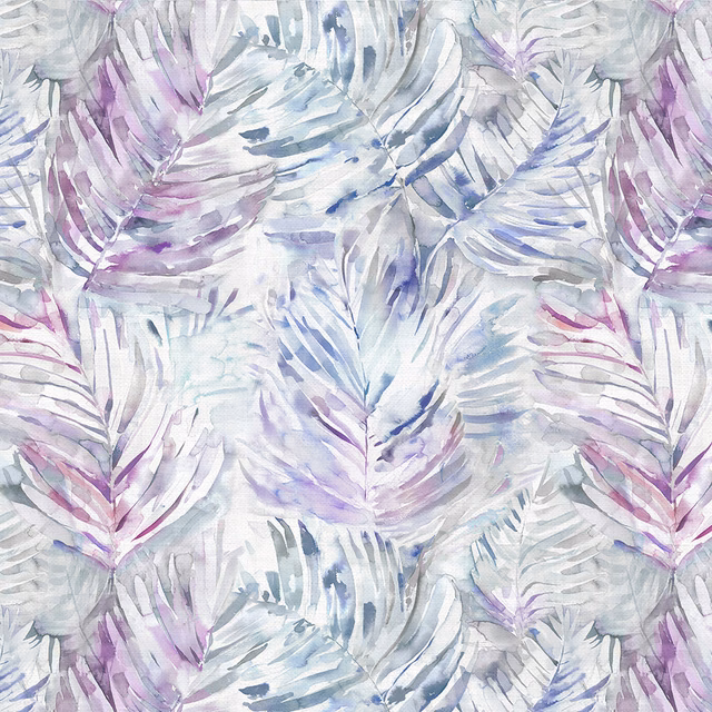 Painterly leaf fabric in lilac, blue-grey and white with a large-scale repeat