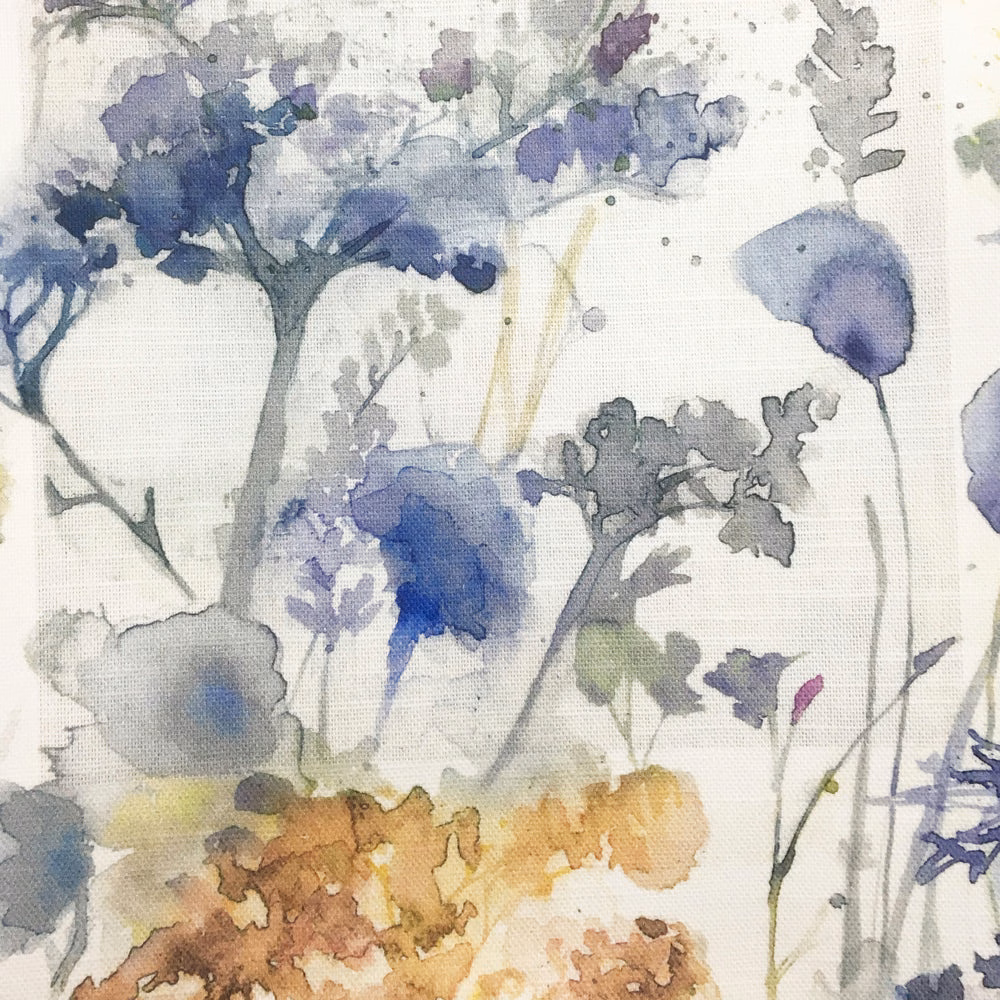 Painterly blue and grey floral fabric swatch with watercolour stems and blossoms