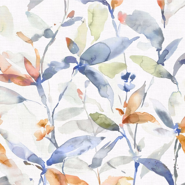 Watercolor botanical fabric with soft blue leaves, pale ground, and warm peach accents