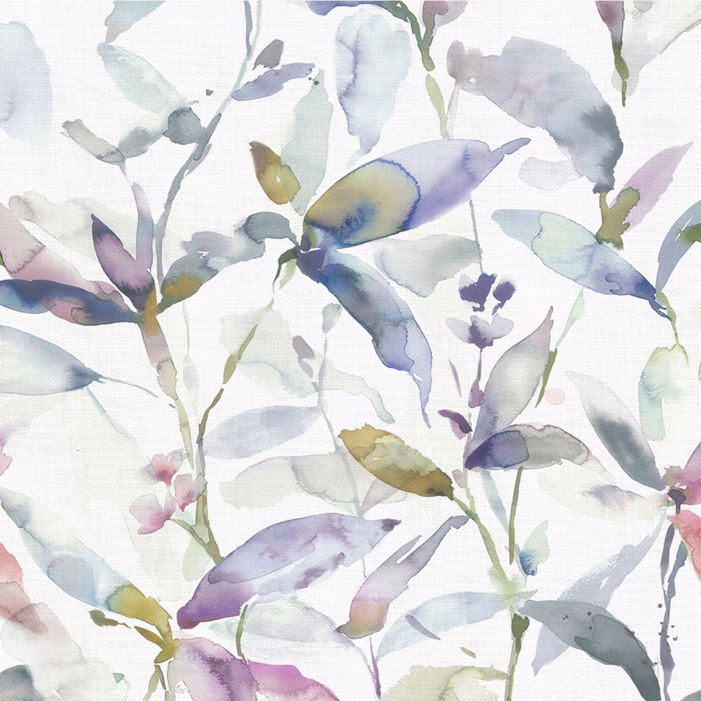 Watercolour leaf print in lilac, blue-grey and sage on a pale ground