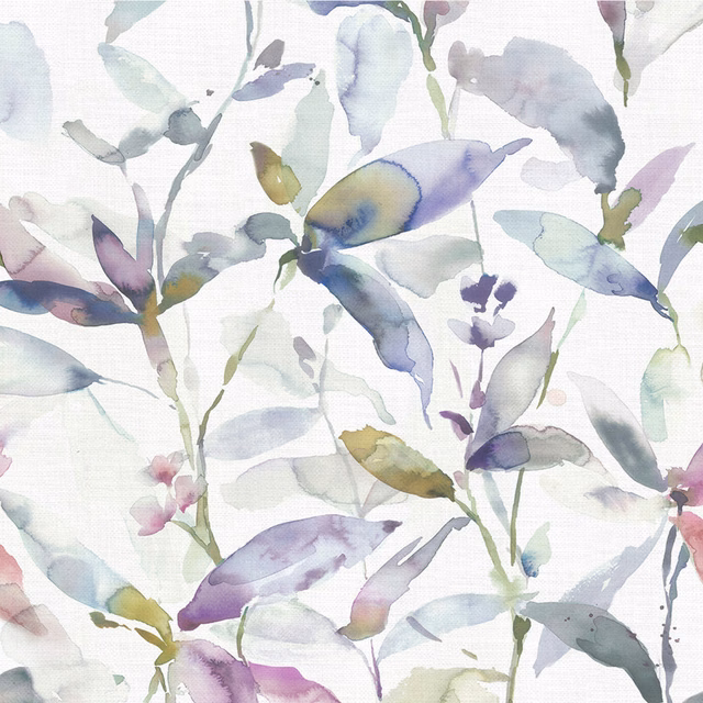 Watercolour leaf print in lilac, blue-grey and sage on a pale ground