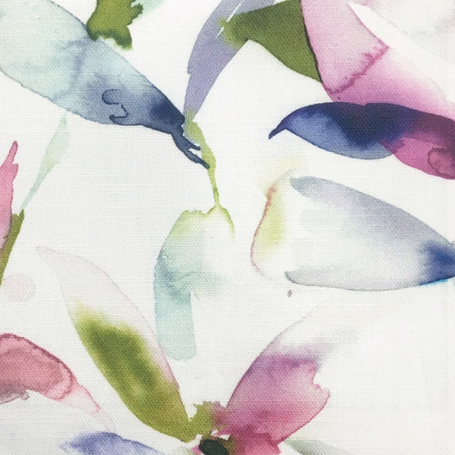 Painterly pastel botanical print with lilac, blue, green and pink leaves on pale ground