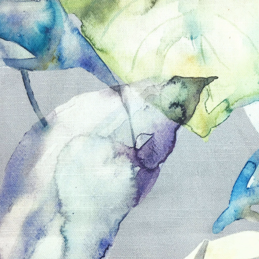 Abstract watercolour fabric swatch in aqua, blue, green and lilac on pale ground