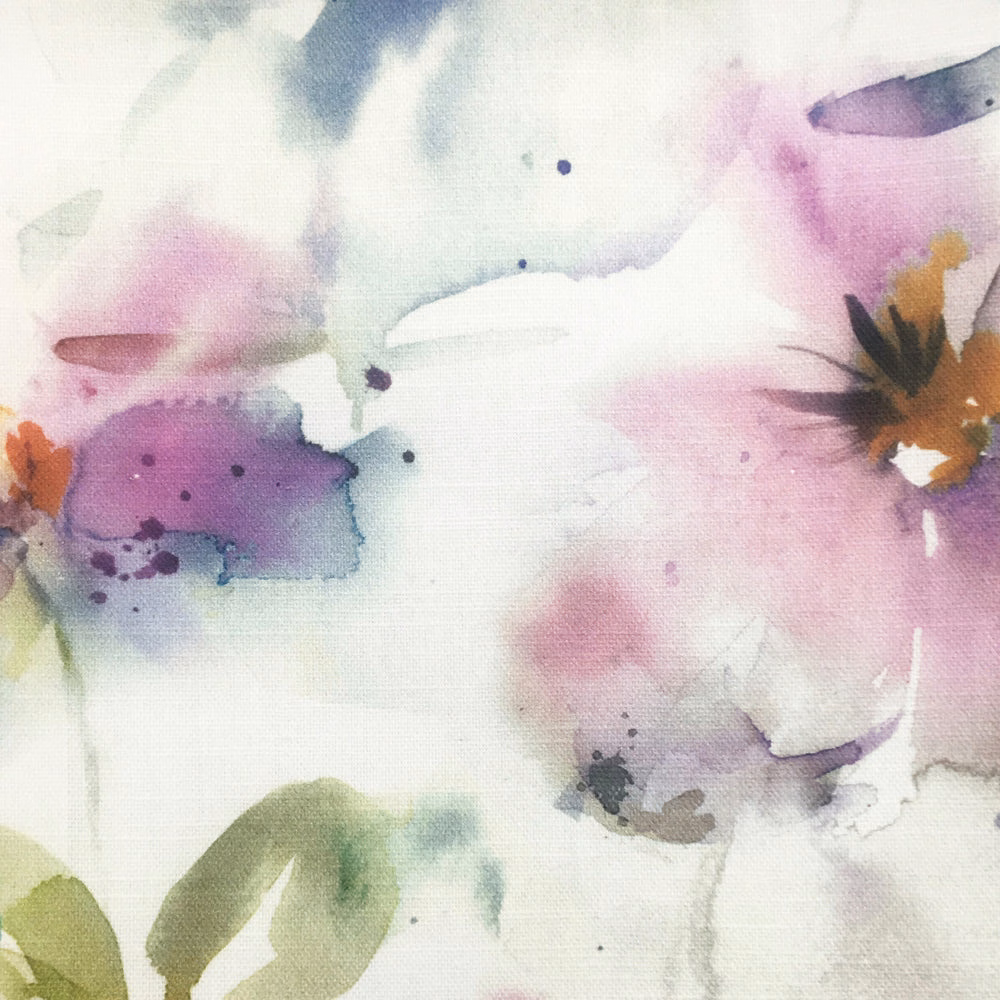 Watercolour floral fabric with blush pink blooms, lilac petals and green leaves on ivory