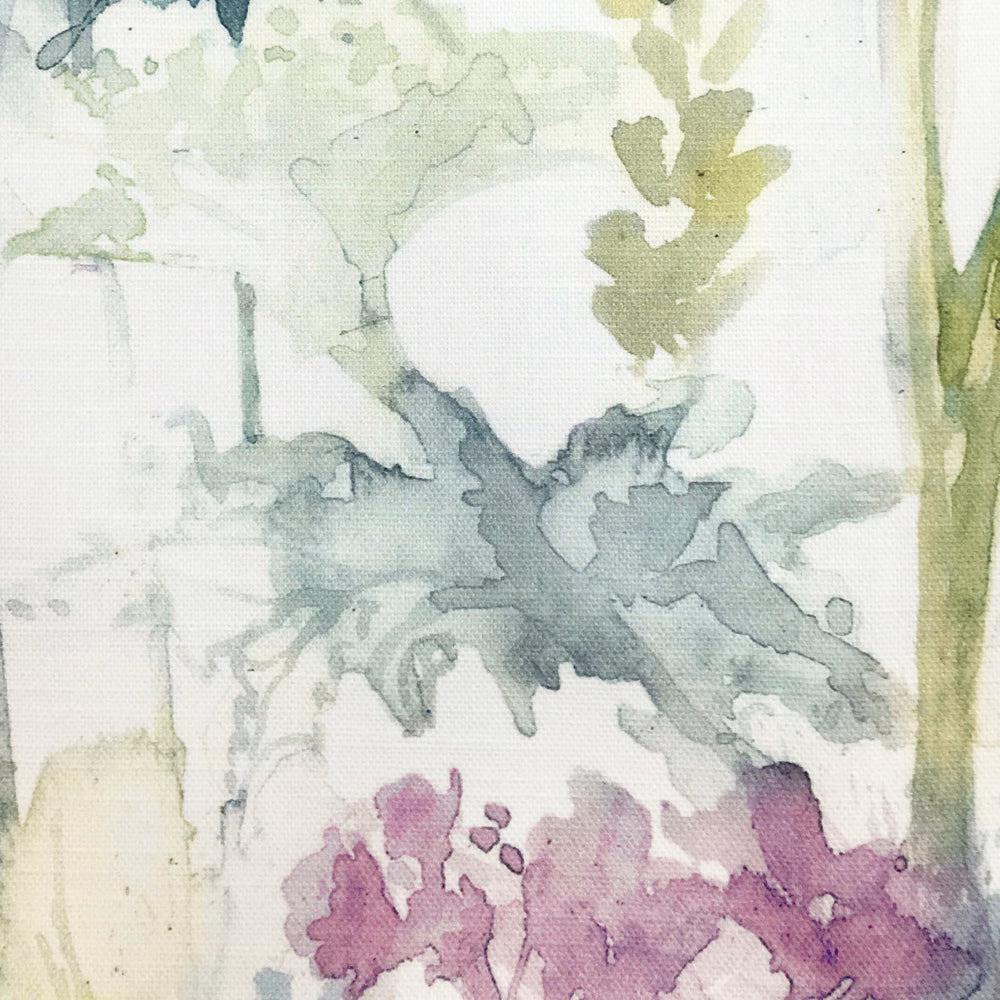 Painterly botanical fabric swatch with soft sage, blue-grey and lilac washes