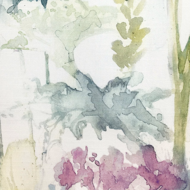 Painterly botanical fabric swatch with soft sage, blue-grey and lilac washes