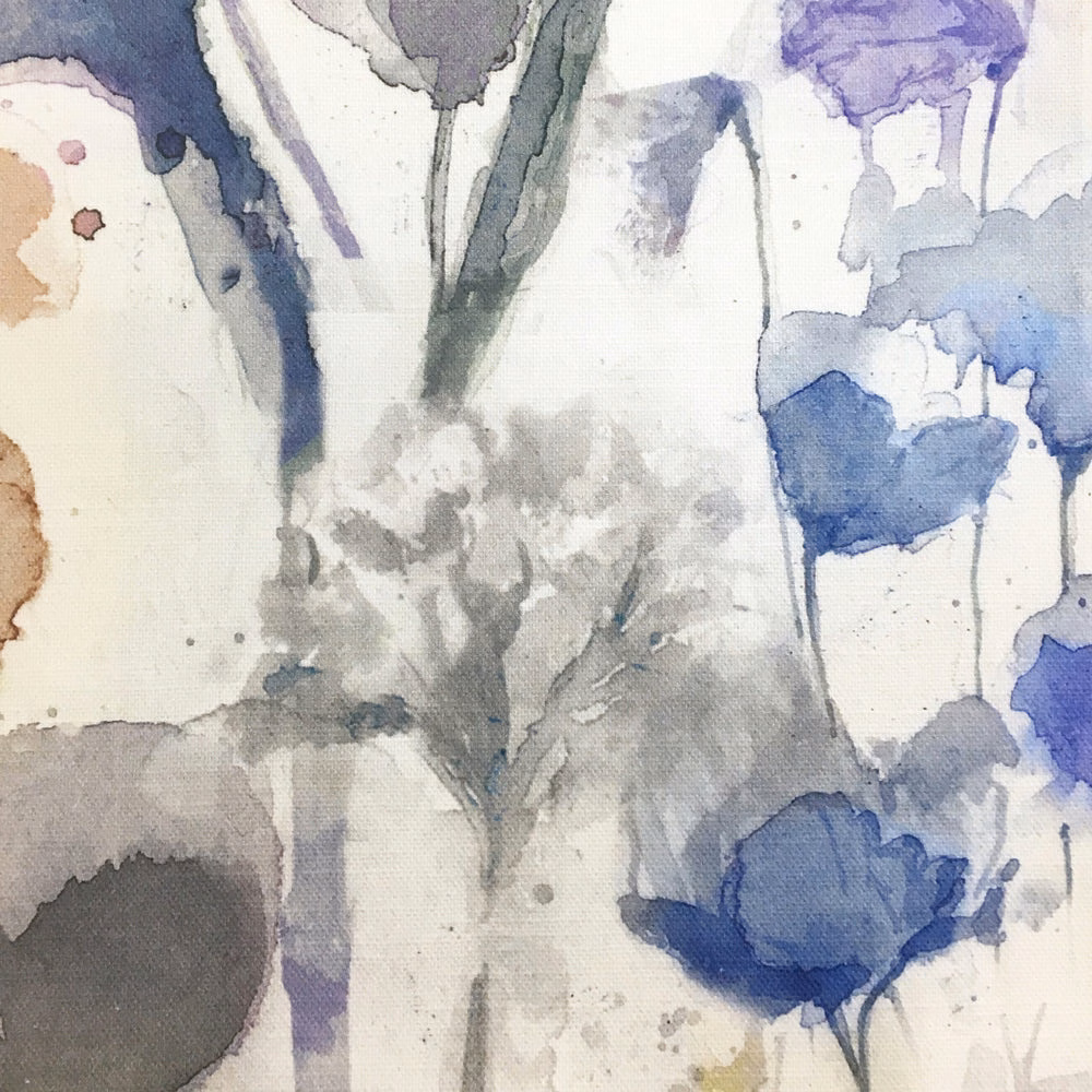 Watercolour fabric swatch with burnt orange, grey and blue abstract floral forms on a pale ground