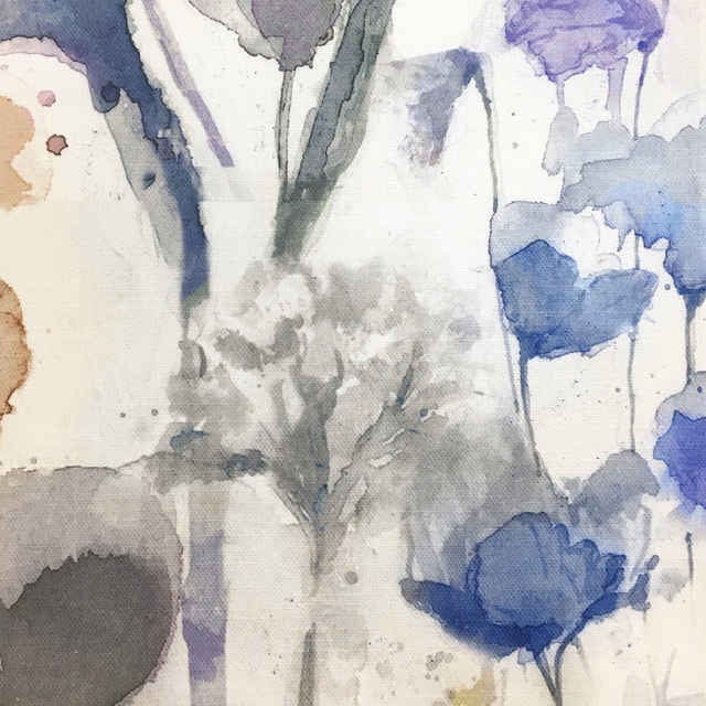Watercolour fabric swatch with burnt orange, grey and blue abstract floral forms on a pale ground