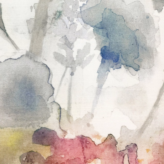 Watercolour floral fabric with dusty pink blooms, grey-blue washes and pale ground