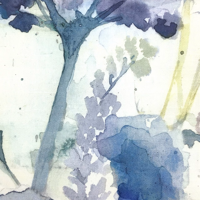 Watercolour abstract fabric in muted violet, indigo and blue-grey on a pale ground