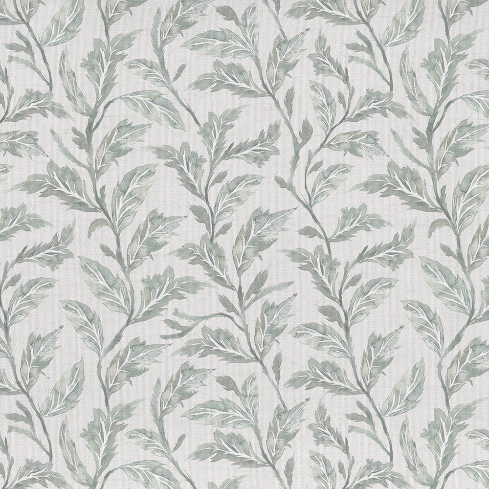 Pale beige botanical fabric with soft sage leaf trails on a woven ground