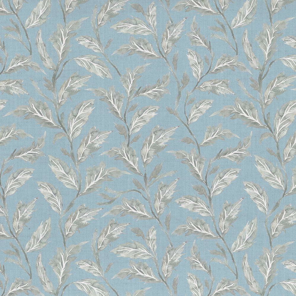 Pale blue botanical fabric with silver-grey leaf trail pattern