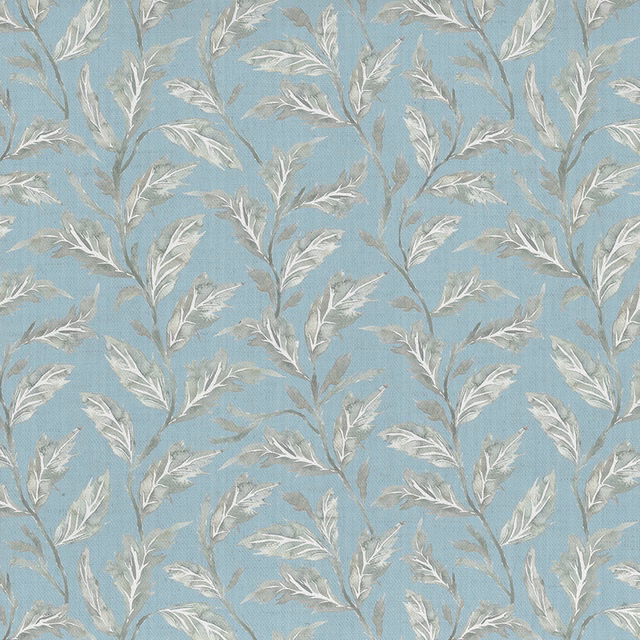 Pale blue botanical fabric with silver-grey leaf trail pattern
