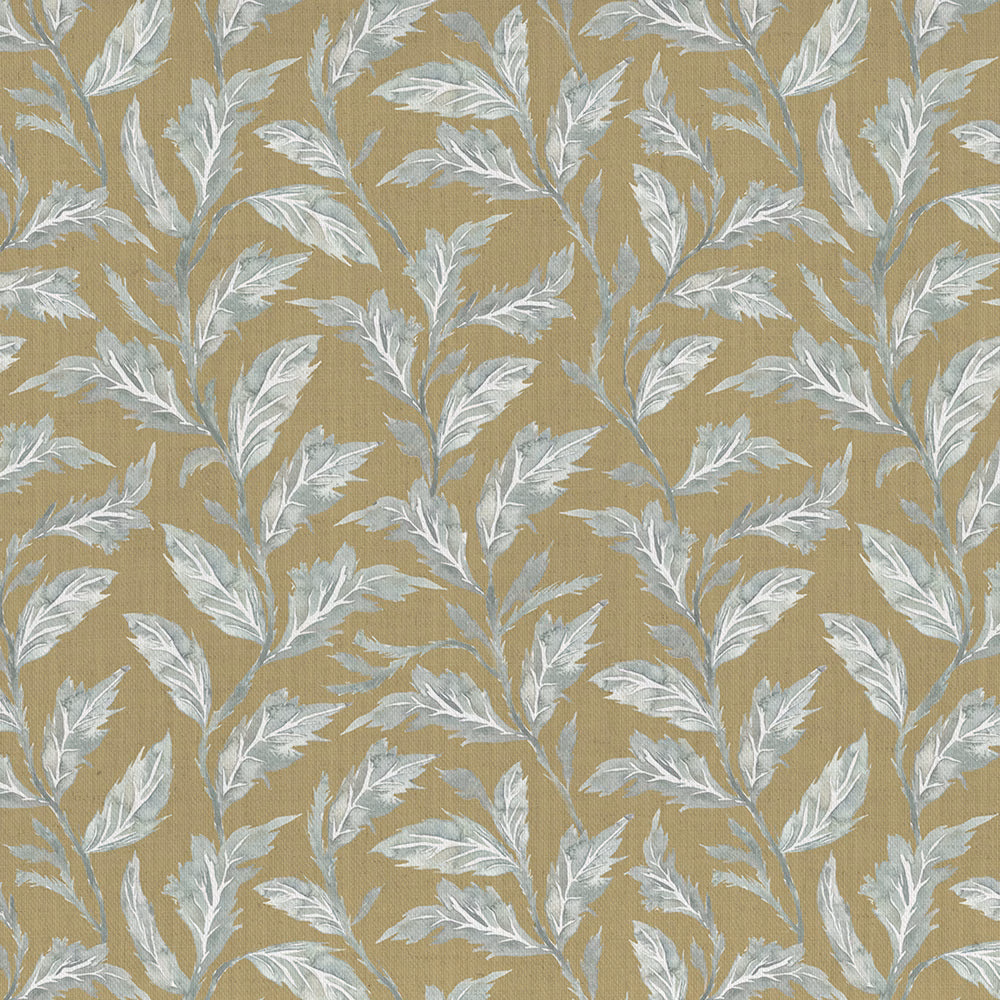 Botanical leaf fabric in muted gold with pale leaf motifs on woven cotton-linen ground