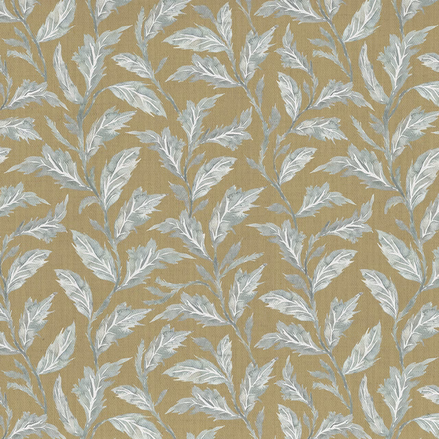 Botanical leaf fabric in muted gold with pale leaf motifs on woven cotton-linen ground