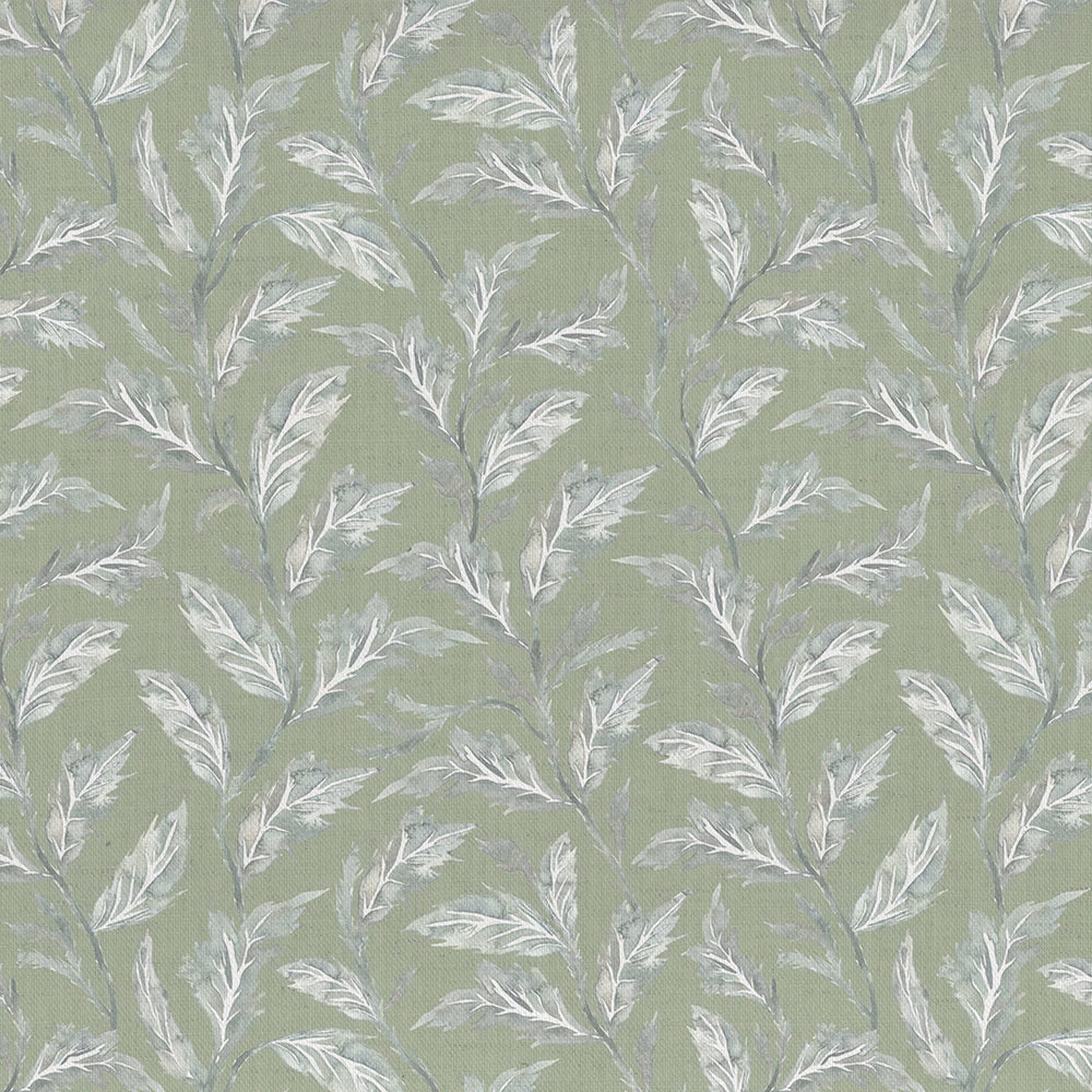 Soft sage green botanical fabric with pale silvery leaf trail pattern