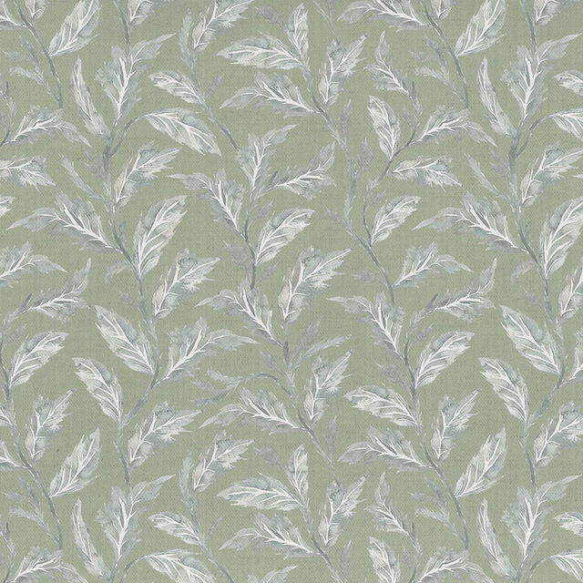 Soft sage green botanical fabric with pale silvery leaf trail pattern