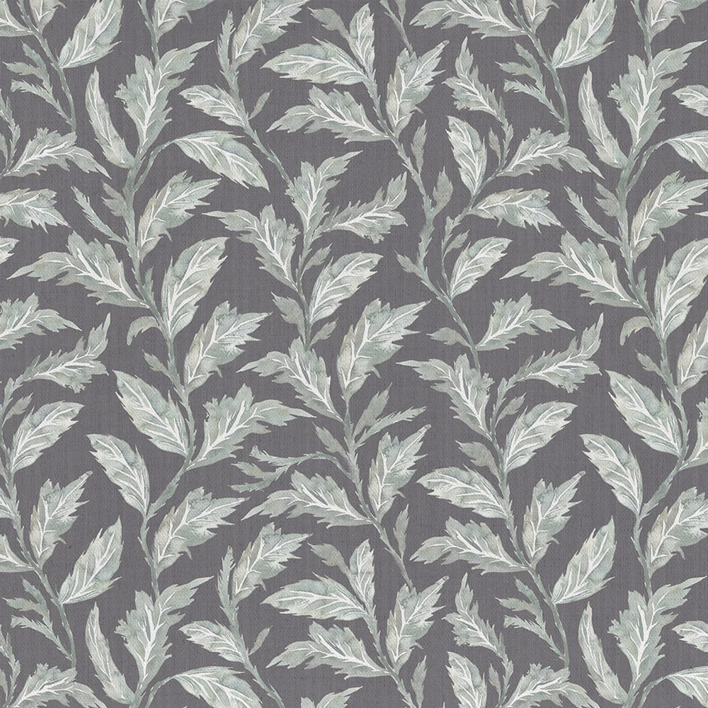 Botanical leaf fabric on a soft grey ground with pale sage and silver foliage