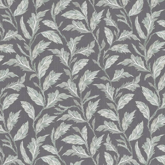 Botanical leaf fabric on a soft grey ground with pale sage and silver foliage